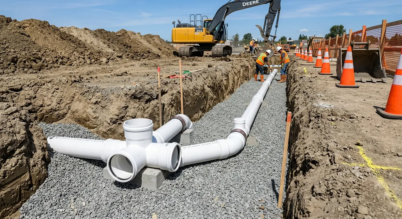 New PVC sewer pipe installation in open trench for Sewer Backup in Lakeland South