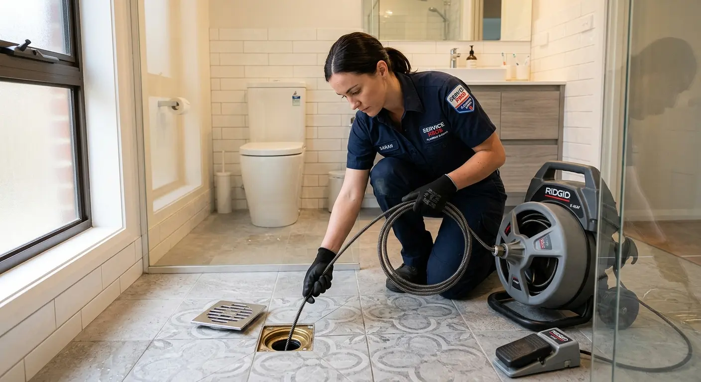 Technician clearing a bathroom floor drain for Sewer Line Replacement in Lakeland South